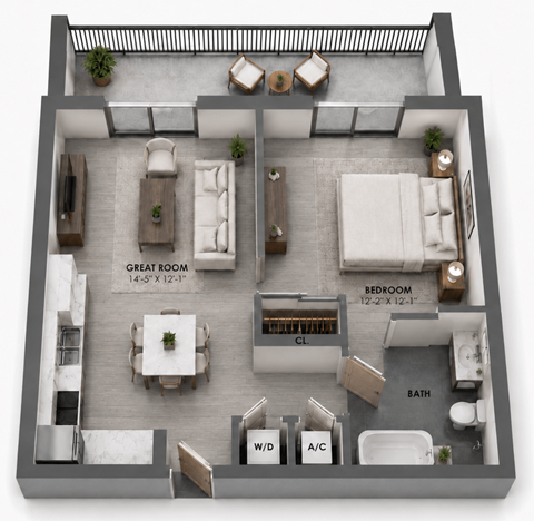 Floor plan for 1 bed, 1 bath, 652 sqft